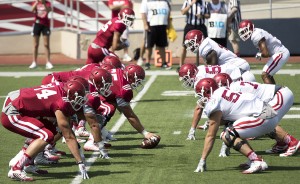 IU football team's senior captain Nick Mangieri says the defensive front seven, shown here during preseason scrimmage against the highly touted offense, is packed with experience and has “the attitude that we could be a top defense.” | Photo by Evan De Stefano