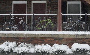 I get around Bloomington on bikes when it isn’t snowing, so I was drawn to the snow-capped bikes at the apartments on East Atwater and South Woodlawn avenues. These are a bit more protected than others bikes I saw that day. | Photo by Ann Georgescu