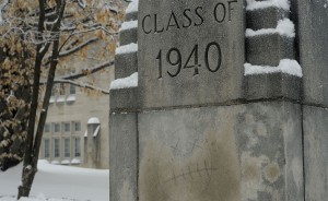 This one outside the former Indiana University School of Medicine building (now Myers Hall) might not be so popular, especially with the class of 1940 … but I wondered who had had a bad day? It stood out with the snow and the dark, heavy morning. | Photo by Ann Georgescu