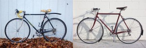 (left) Welsch's original Performance steel-frame city bike with drop handle bars, well-made but well-worn. (right) Welsch's rebuilt bike with new handlebars, bike seat, paint job, and more. | Photos by Sam Sveen