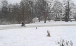 Many Monroe County residents commute to work by bike, no matter the weather. On this day in 2014, a bike commuter heads into town from the south side of Bloomington in negative-degree weather. | Limestone Post