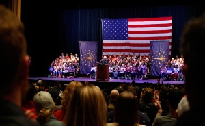 Vermont Senator Bernie Sanders has been the only presidential candidate of either party to visit Bloomington during this campaign season. An enthusiastic crowd greeted him at Indiana University Auditorium on Wednesday. | Photo by TJ Jaeger
