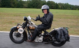 The Motorcycle Cannonball Run, which is named after Hoosier Erwin "Cannon Ball" Baker, will be coming through Bloomington on September 13. Riders, like Francisco Tirado shown here on a 1916 bike, make the cross-country trek on century-old motorcycles. | Courtesy photo