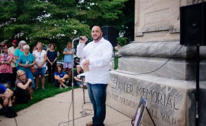 On August 31, Brandon Drake, founder of Keystone Interventions, speaks during a vigil at the Monroe County Courthouse Square to remember loved ones lost to drug overdoses. | Photo by Natasha Komoda