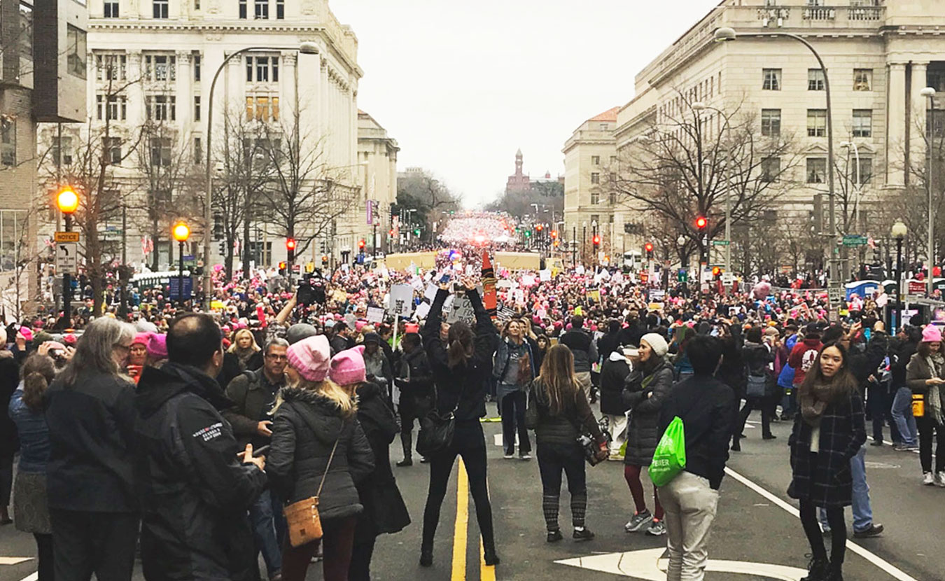 A look toward the crowds of people in the streets and on the National Mall at about 4 p.m., Saturday, January 21, 2017, during the Women's March on Washington. | Photo by Lynae Sowinski