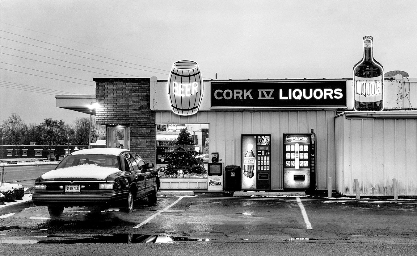 Cork Liquors at sunset in Columbus, Indiana. | Photo by Adam Reynolds
