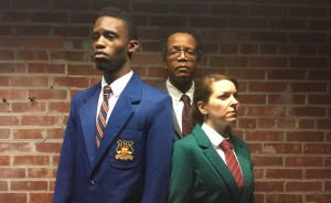 The cast of Art of Africa's production of "My Children! My Africa!" by Athol Fugard: (l-r) Yusef Agunbiade as Thami, Ansley Valentine as Mr. M., and Tara Chiusano as Isabel. | Courtesy photo