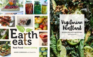 The covers of "Earth Eats: Real Food Green Living" and "Vegetarian Heartland: Recipes for Life's Adventures." | Courtesy images