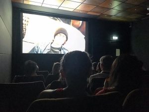 Jaeger's short film, "Lost Dog," on the screen of a 34-seat theater during Cannes. | Photo by TJ Jaeger