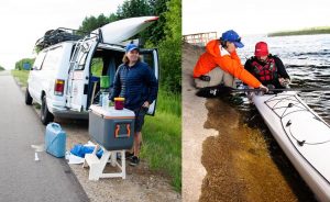 Support staff member Traci Kroupa makes coffee on the road (left) and helps feed Michael Waterford during one of his pit stops along the Mississippi River. | Courtesy photos