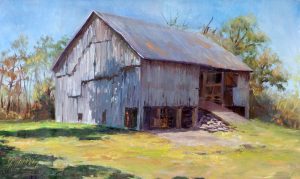 A painting by Gwen Gutwein, titled "Allensville Hay Press Barn, Switzerland County," was completed on location and is a plein air painting. | Image courtesy of Gwen Gutwein