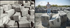 Blockmarker Larry Anderson B.G. Hoadley Quarries in 1983 (left) and on his last day before retiring in 2015 (right). | Photos by Jeffrey Wolin