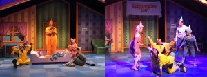 (left) Actor Jason Slattery makes his Cardinal Stage Company debut as Garfield. (right) 'Garfield' brings to life, from left to right, Arlene (Ashley Dillard), Garfield (Jason Slattery), Odie (Chris Krenning), Jon (Reid Henderson), and Nermal (Anna Butler). | Courtesy photos