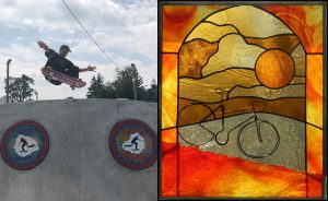 Christy Wiesenhahn designs mosaics for her husband's skate parks (left). A piece from her Stained Glass and Wire Bikes series. | Photos courtesy of Christy Wiesenhahn