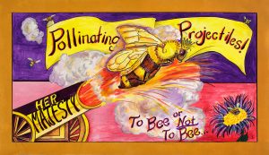 "Pollinating Projectiles!, To Bee or Not To Bee" is one of many paintings in Joe and Bess Bohon Lee's exhibition, Professor Animalia’s Menagerie of Struggling Species. The show will take place throughout the month of April at Blueline Gallery. | Courtesy image