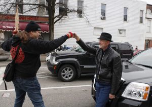 Joe Varga, left, during a Black Lives Matter disruption on College Avenue in 2014. He says, "A motorist shut off his vehicle and joined our blockade, and gave me this fist bump." | Courtesy photo