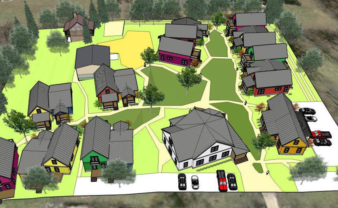 The Bloomington Cohousing Project is planning a collaborative housing community on the south side of Bloomington, where homeowners will live in individual houses but share other common amenities. Writer Michael Glab talks to co-founder Marion Sinclair and builder Loren Wood in his latest Big Mike's B-town. This early rendering shows individual homes designed to foster community, with shared green space, gardens, buildings, and other features. | Courtesy image