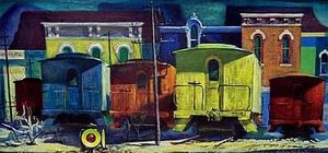 Trains and familiar Bloomington architecture frequented Fulwider's work, such as this painting, called 'Sidelined #399.' | Photo courtesy of Covington Fine Art Gallery