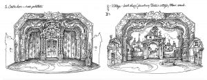Higgins creates a variety of sketches for each set design to guide the building process, such as this one of the castle doors (left) and Belle's village. | Courtesy photo