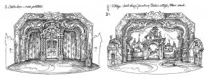 Higgins creates a variety of sketches for each set design to guide the building process, such as this one of the castle doors (left) and Belle's village.