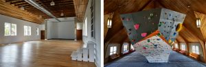 (left) The yoga room is located in the original sanctuary of the old church. Yoga classes are free for Hoosier Heights members and $15 for non-members. (right) “Bouldering” is the term for climbing on smaller formations without ropes or a harness. This is a great way for new climbers to test their abilities.