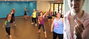 (left) Writer Jennifer Pacenza, pictured far right at a Bollywood dance class, spoke with experts who say a body-positive fitness model is more important for achieving physical and mental well-being than exercise regimens promoted by fitness and weight-loss industries. Pacenza says it's important to find a way that you love to move your body. | Limestone Post (right) When Syd Bohuk’s alarm chimes, they swallow a bright blue pill, and continue with their day. Bohuk says this pill — PrEP, an HIV-preventive medication — has become a part of their daily routine, and is much less scary than they had originally anticipated. | Photo by Nicole McPheeters