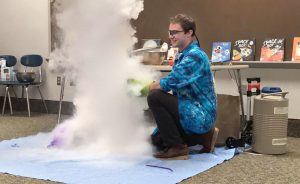 WonderLab’s elementary education specialist, Nick Whites, performs a Cloud Making Experiment, one of dozens of experiments showcased during WonderLab’s Interactive Science Shows through the museum’s Outreach program.