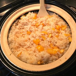 Ruthie's Orange Scented Buttered Rice in a Double-Lid Donabe. | Photo by Ruthie Cohen
