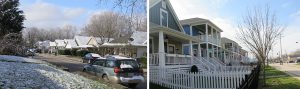 (left) Walk down South Washington Street and you can see the distinct architecture of the porches built in the early 1900s. (right) And you can find the same staccato pattern in the houses built in 2014 on South Morton Street along our B-Line Trail. | Photos by Harriet Castrataro