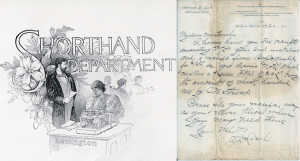 (left) From a pamphlet advertising a business school that Leach ran before she became a lawyer. (right) A client letter Leach wrote on October 29, 1897: "I herein hand you Tax receipts amounting to $7.40. ... Please file your receipts away as you never know when you may need them." | Image courtesy of the Sullivan County Historical Society