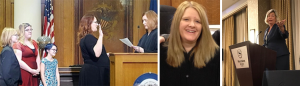 (left photo) Judge Catherine Stafford (center) being sworn in by Judge Holly M. Harvey on __________[date] in the Monroe County Courthouse with her son, daughter, and step-daughter watching. (center photo) Judge Lori Quillen of the Owen County Circuit Court. (right photo) Attorney Betsy Greene, accepting the Marie Lambert Award from the American Association for Justice Women’s Trial Lawyer Caucus. | Courtesy photos