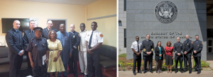 (left photo) Bloomington fire fighters with their hosts in Sierra Leone. (front row, l-r) Minister XXX and Eastina Taylor; back row, l-r) Chief Jason Moore Captain Max Litwin Fire Prevention Officer Tom Figolah firefighter Jonathan Young firefighter Al Saccoh. (right photo) At the U.S. Embassy in Freetown, with __________ (third from left). | Courtesy photo