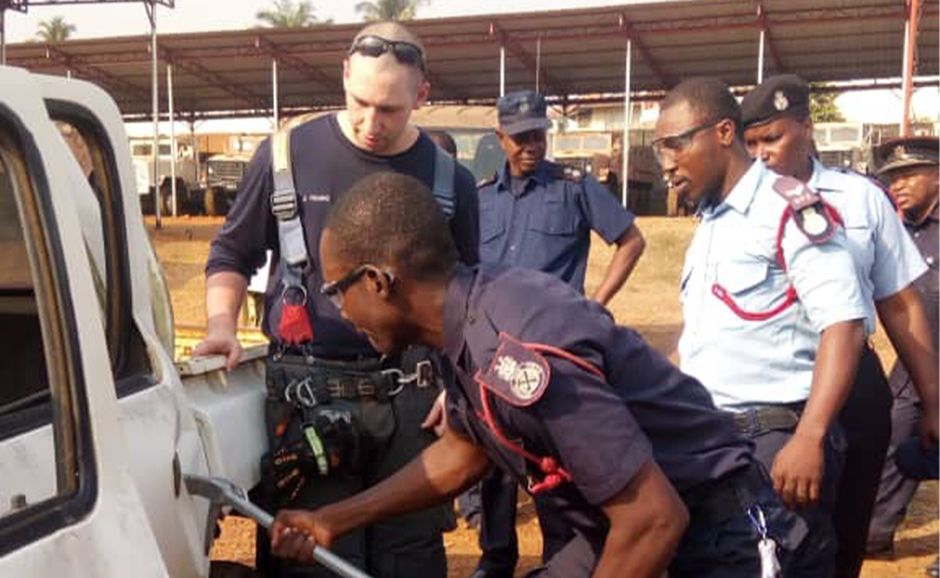 The Bloomington Fire Department sent five firefighters to Sierra Leone in February to share expertise and training methods with the Sierra Leone Fire Force. The trip was coordinated by BFD Chief Jason Moore and Sierra Leonean Eastina Taylor, who participated last summer in the IU Mandela Washington Fellowship. | Courtesy photo