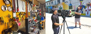 (left) One wall of the Burl and Ingot Tool Library (1305.5 W. 11th St.), an industrial arts workspace and artist studio with a tool-sharing library that includes hand and power tools and other heavy-duty equipment. (right) Nahas is interviewed by WTIU outside of Artisan Alley next to the B-Line Trail. | Limestone Post