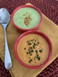 Ruthie says these coconut-milk–based soups stand very well on their own. Thai Green Pea Soup (top) and Thai Sweet Potato Soup | Photo by Ruthie Cohen