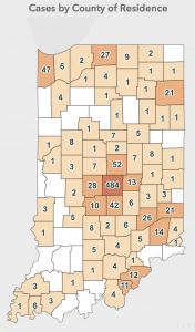 This Indiana Coronavirus Map shows cases by county of residence as of March 26. The site shows other data and is updated daily by the Indiana State Department of Health.