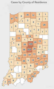 This Indiana Coronavirus Map shows cases by county of residence as of March 29. The site shows other data and is updated daily by the Indiana State Department of Health.