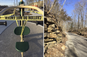 (left) Caution tape covers exercise equipment in Switchyard Park. Bloomington’s parks and trails remain open, but all city park playgrounds are closed until further notice. The Limestone Greenway (right) and Karst Farm Greenway are open, but Monroe County’s parks and facilities are closed. | Limestone Post