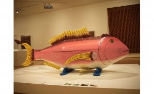 One of the Eskenazi Museum of Art’s more recent acquisitions is ‘Coffin in the Form of a Fish,’ from the workshop of Ernest Anang Kwei, from Teshi, Ghana. Wood, paint, cloth, and metal (2001). | Photo by Paige Strobel