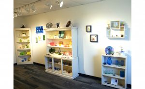 The gallery at Bloomington Creative Glass Center (BCGC) is open Wednesday through Friday, 1:30–5:30 p.m., and displays artist work with such diverse glass pieces such as blown glass, fused glass, sandblasted glass, molded glass, and more. | Photo by Paige Strobel