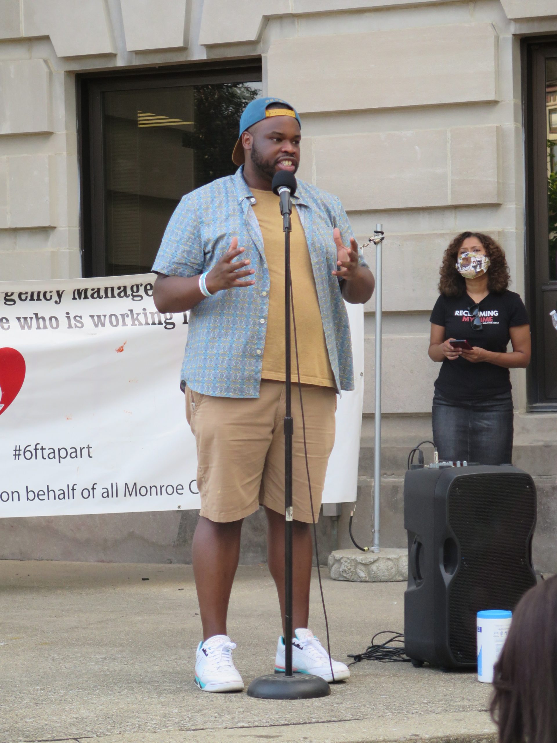 On July 7, Vauhxx Booker spoke to the crowd outside of the Monroe County Courthouse during a protest against anti-Black violence. A few days earlier, on July 4, Booker was attacked by racists at Monroe Lake. | Limestone Post