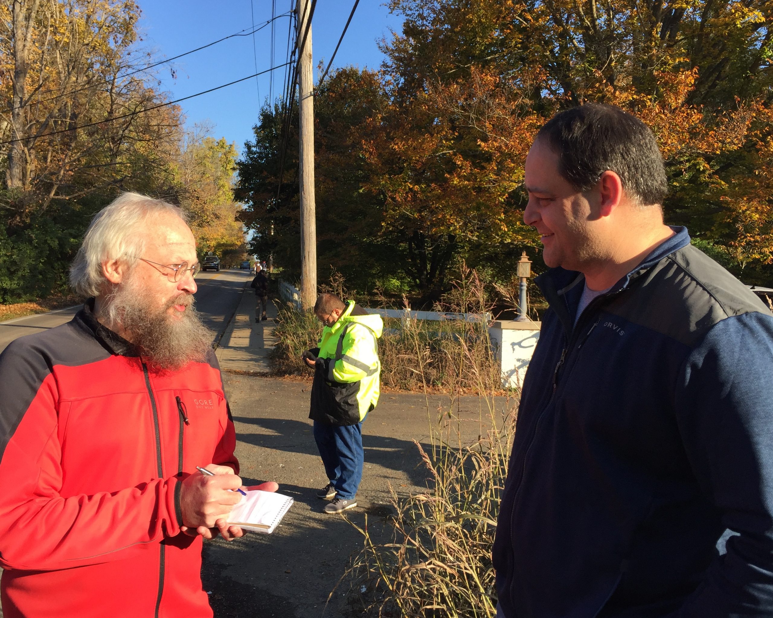 Dave Askins (left) interviews the chief of the Bloomington Fire Department, Jason Moore. Askins launched The B Square Bulletin in 2019. | Limestone Post