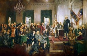 The U.S. Constitution was a product of the Enlightenment, the 18th-century philosophical movement that gave us science, empirical inquiry, and the “natural rights” and “social contract” theories of government, says Kennedy. Illustration by Howard Chandler Christy, <a href="https://commons.wikimedia.org/wiki/File:Scene_at_the_Signing_of_the_Constitution_of_the_United_States.jpg" target="_blank"> via Wikimedia Commons</a>