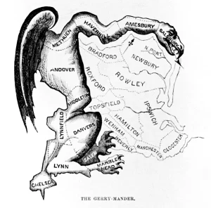The term “gerrymander” comes from this Gilbert Stuart cartoon of a Massachusetts electoral district twisted beyond reason. Political parties gerrymander voting districts to guarantee their voters carried more weight per capita than the opponent’s voters.
