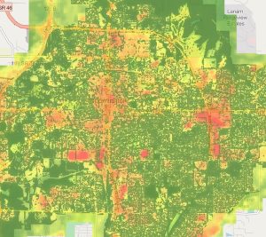 This map shows urban heat islands in Bloomington, using data from IU’s Environmental Resilience Institute. Urban heat islands can be attributed to more impermeable surfaces and buildings that absorb and retain heat.