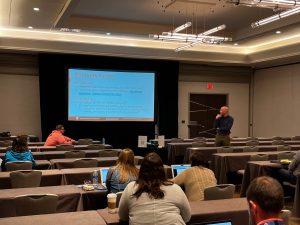 John Leman, research coordinator for the Healthy Relationships for Rural Youth Initiative, presenting at the Indiana School Safety Specialist Academy. Photo by Benjamin Maddock