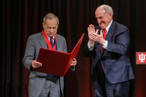 Rosenfeld received the President’s Medal for Excellence from Indiana University President Michael A. McRobbie (r) in 2019. | Photo by IU Communications and Marketing