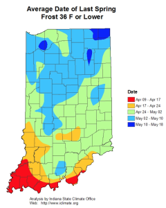 Frost dates are important to know for when to plant flowers, vegetables, and tender herbs outside, and how late they’ll grow into the autumn. The last frost date of 36° F or lower for Monroe County could be anywhere from April 17 to May 10. | Source Indiana State Climate Office