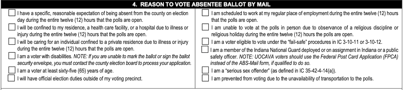 Acceptable reasons, according to state government, to vote by mail in Indiana.