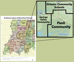 Orleans, Paoli, and Springs Valley community school districts in Orange County are part of the 290 traditional public school districts in Indiana. | Source: <a href="https://www.stats.indiana.edu/maptools/maps/boundary/school_districts/2021/school-district_Southwest.pdf" target="_blank">StatsIndiana.edu</a>